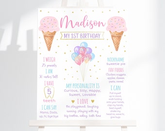 Editable Ice Cream Birthday Milestone Sign Ice Cream First Birthday Pink Gold Rainbow Balloon Girl Ice Cream Party Digital Download A611