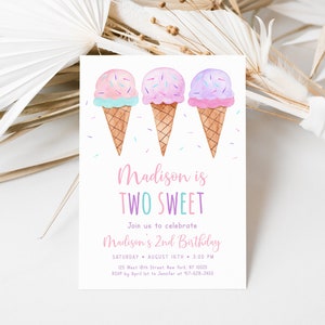 May include: Invitation to a birthday party featuring a watercolour illustration of three ice cream cones with sprinkles. The text reads "Madison is TWO SWEET" and "Join us to celebrate Madison's 2nd Birthday".