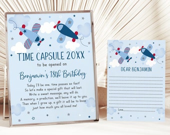 Editable Airplane Birthday Time Capsule Sign, First Birthday, Boys Airplane Party, Clouds, Stars, Time Capsule Cards, Digital A566