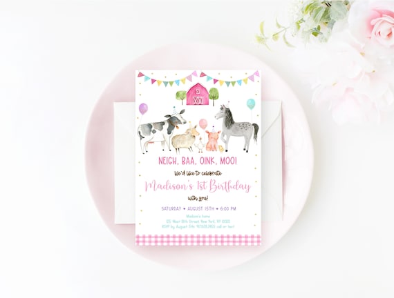 Editable Pink Farm Birthday Invitation Farm Animals Barnyard Girl Farm Party Farm Animals with Balloons Pink Gold Digital Download A629 Il_570xn
