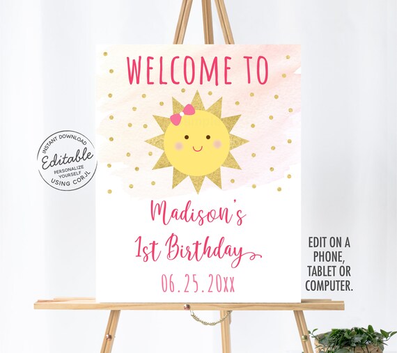 EDITABLE Sunshine Birthday Welcome Sign Sunshine Party Sunshine First Birthday Pink & Gold Digital Printable Instant Download Corjl A508 Il_570xn