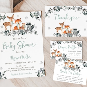 Bundle modifiable d'invitations pour baby shower des bois d'hiver, neutre entre les sexes, neigeux, couches, tombola, livre, cartes, suite, téléchargement numérique A578