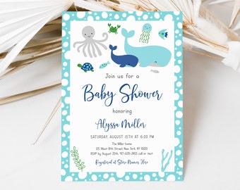 Editable Under The Sea Whale Baby Shower Invitation Nautical Baby Shower Blue Sea Creature Boy Baby Shower Digital Printable Template A179