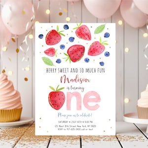 May include: A pink and white birthday invitation with a watercolor illustration of strawberries and blueberries. The text reads "Berry Sweet and So Much Fun Madison is turning one. Please join us to celebrate! Saturday July 16th 6:00 PM 125 West 18th Street, New York, NY 10020 RSVP to 917-628-2455 call or text"