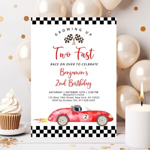 Editable Race Car Birthday Invitation Growing Up Two Fast Birthday Invite Racing Party Red Racing Car Flame Boy Second Birthday A688