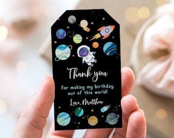 Editable Space Birthday Thank You Tags Favor Tags Astronaut Galaxy Planets Outer Space Rocket Ship Out Of This World Instant Download A654