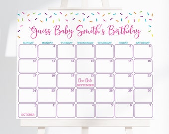 Editable Sprinkle Baby Due Date Calendar Pink Baby Sprinkle Baby Girl Sprinkle Rainbow Sprinkle Birthday Predictions Game Printable A109