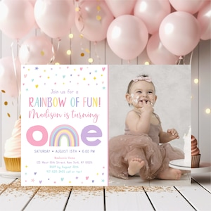 Editable Rainbow First Birthday Invitation Girls Rainbow Party Pastel Rainbow Clouds Rainbow Of Fun Printable Digital Instant Download A549