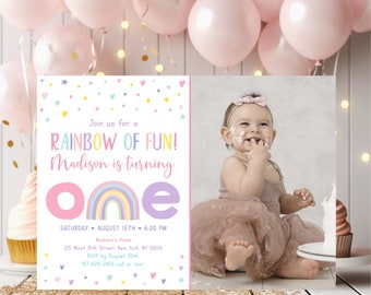 Editable Rainbow First Birthday Invitation Girls Rainbow Party Pastel Rainbow Clouds Rainbow Of Fun Printable Digital Instant Download A549