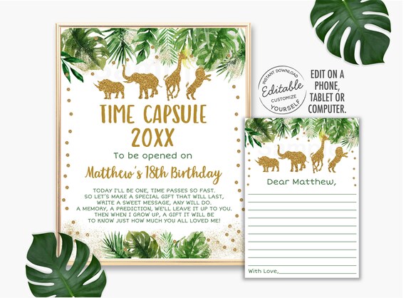 EDITABLE Gold Safari Time Capsule Birthday Sign, Time Capsule Cards, Safari First Birthday, Safari Animals, Jungle Animals, Printable A476 Il_570xn