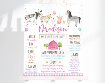 Editable Pink Farm Birthday Milestone Sign Girl Farm Party Barnyard Birthday Farm Animal Balloons Pink Gold First Birthday Milestone A629