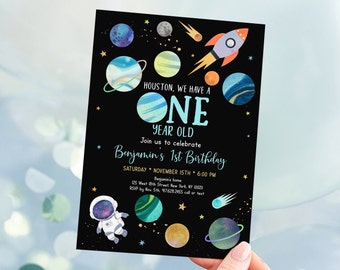 Editable Space First Birthday Invitation Houston We Have A One Year Old Astronaut Galaxy Planets Outer Space Party Rocket Ship Digital A654