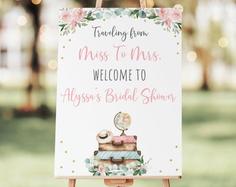 Editable Travel Bridal Shower Welcome Sign Miss To Mrs Pink Gold Floral Eucalyptus Globe Suitcase Traveling Printable Digital Download B200