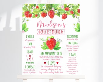 Editable Strawberry Birthday Milestone Sign Strawberry Party Berry Sweet Strawberry First Birthday Pink Floral Digital Download A618