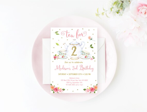 Editable Tea for Two Birthday Invitation Girl Pink Gold Floral Tea Party Invite 2nd Birthday Digital Printable Instant Download A583 Il_570xn