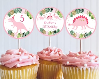 Editable Pink Dinosaur Cupcake Topper Girl Dinosaur Birthday Dinosaur Party Pink Gold Tropical Dinosaur Printable Digital Download A507