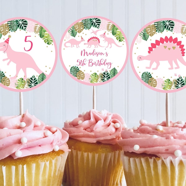 Editable Pink Dinosaur Cupcake Topper Girl Dinosaur Birthday Dinosaur Party Pink Gold Tropical Dinosaur Printable Digital Download A507