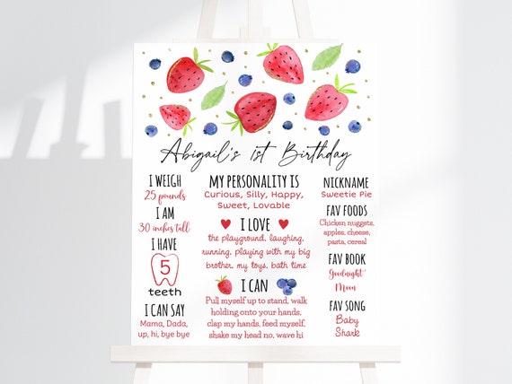 Editable Strawberry Blueberry First Birthday Milestone Sign Berry Sweet Strawberry Party Blueberry Birthday Digital Download A670 Il_570xn