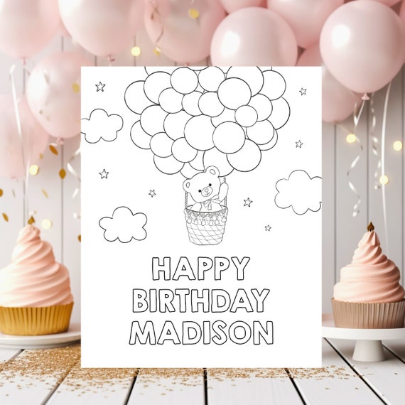 Editable Teddy Bear Birthday Coloring Page Teddy Bear Hot Air Balloon Birthday Activity Printable Digital Download A710