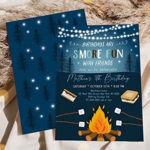 May include: A dark blue birthday invitation with a s'mores theme. The front features a campfire scene with marshmallows, a s'more, and the text "Birthdays are S'more Fun with Friends." The back has a pattern of trees and stars.