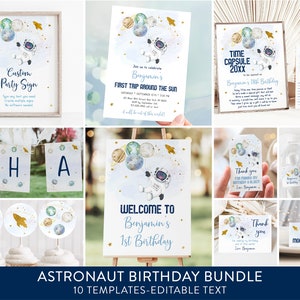 Editable Space Birthday Invitation Bundle Astronaut First Trip Around The Sun Galaxy Planets Outer Space Party Rocket Ship Digital A606
