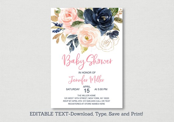 Blush & Navy Floral Baby Shower Invitation / Watercolor Floral Baby Shower / Blush Pink Floral / Gold Floral / EDITABLE PDF A488 Il_570xn