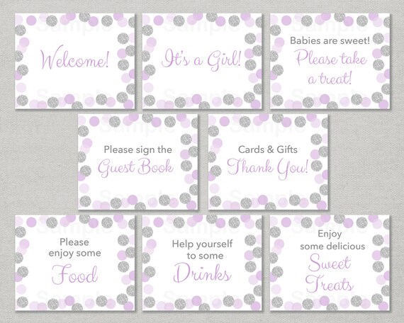 Glitter Baby Shower Table Signs / Glitter Baby Shower / Glitter Dots / Purple & Silver / 8 Printable Party Signs / INSTANT DOWNLOAD A151 Il_570xn