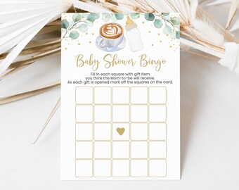 Editable Baby Is Brewing Baby Shower Bingo Game Coffee Baby Shower Baby Brewing Greenery Gold Coed Gender Neutral Digital Download A601