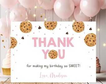 Cookie Birthday Thank You Card, One Sweet Cookie Birthday, Sweet One, Pink Girl 1st Birthday, Cookie Party, Digital Download A737