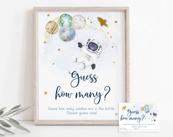 Astronaut Errate wie viele Spiel Weltraum Babyparty Blau Gold Galaxy Planeten Rakete Junge Babyparty Digital Download A606