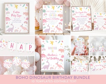Invitaciones de cumpleaños editables de dinosaurio rosa, cumpleaños bohemio de dinosaurio, fiesta de dinosaurios para niña, dinosaurios pastel, descarga digital A736