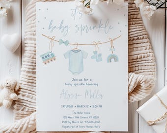 Vintage Blue Baby Sprinkle Invitation, Boy Baby Clothes Invite, Editable Digital Download A791