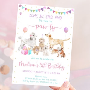 Editable Puppy Birthday Invitation Let's Paw-ty Girl Puppy Birthday Invite Puppy Dog Birthday Pink Gold Balloons Digital Download A621