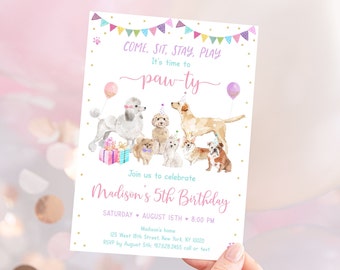 Editable Puppy Birthday Invitation Let's Paw-ty Girl Puppy Birthday Invite Puppy Dog Birthday Pink Gold Balloons Digital Download A621