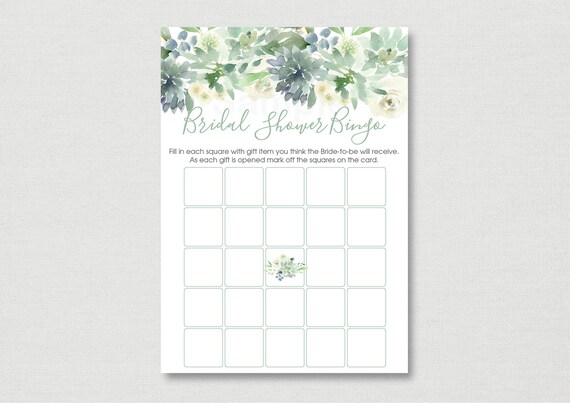 Succulent Bridal Shower Bingo Game / Greenery Bridal Shower / White & Green Floral / PRINTABLE B137 Il_570xn