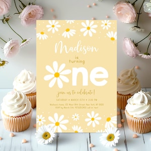 Daisy First Birthday Invitation Retro Daisy Birthday Invite Yellow Daisy Party Girl Flower First Birthday Editable Digital Download A691