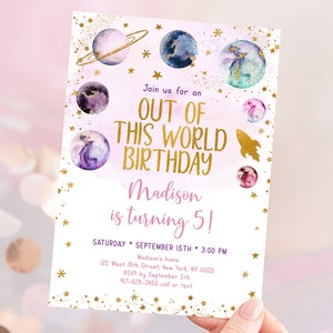 Editable Space Birthday Invitation Out Of This World Birthday Pink Gold Girl Galaxy Planets Outer Space Party Rocket Ship Printable A586