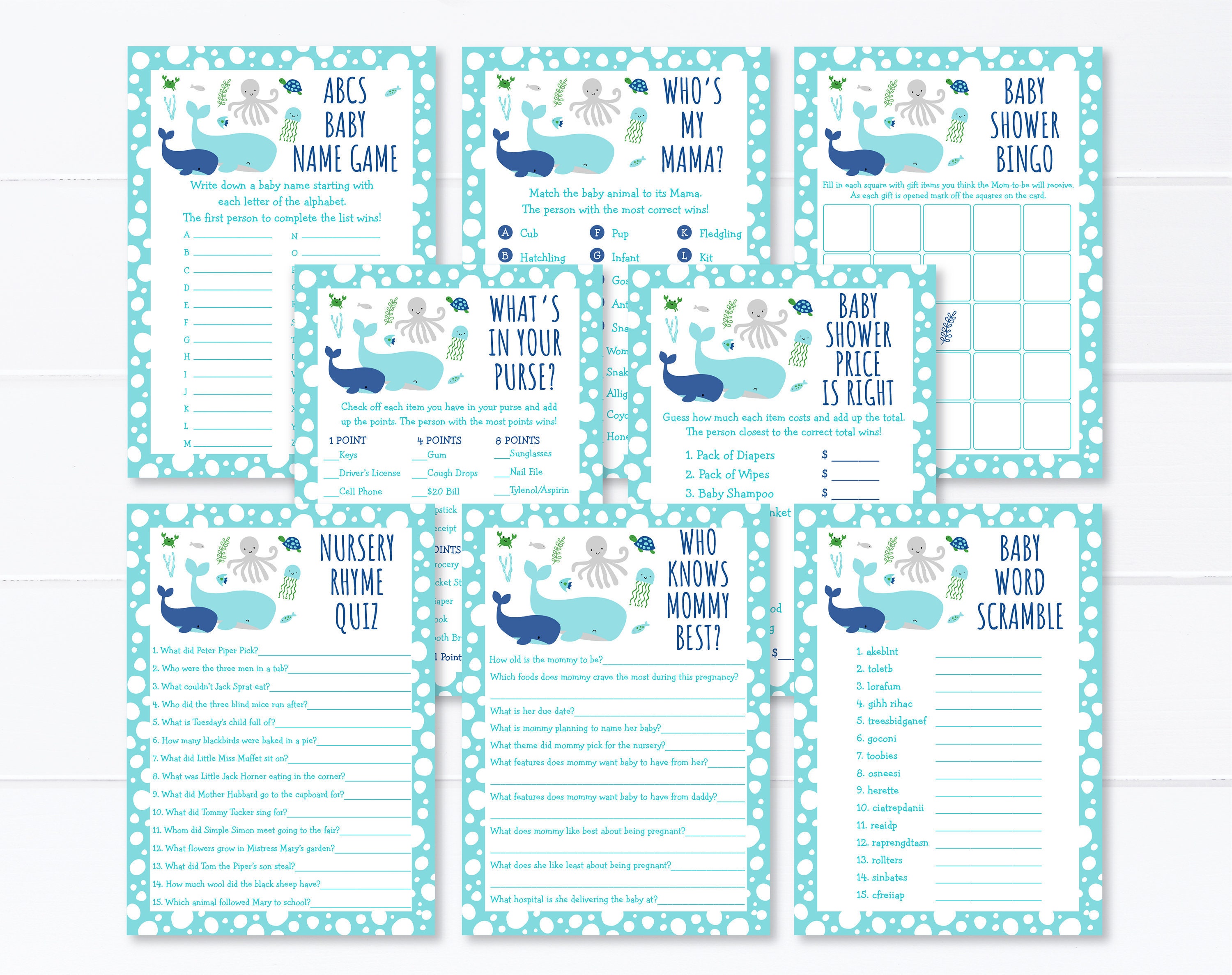 Blue Under The Sea Baby Shower Games Package Nautical Whale Etsy