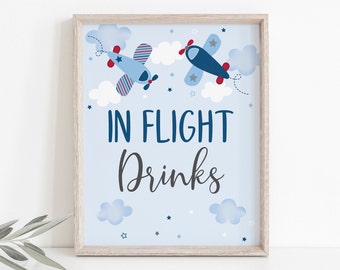 Airplane In Flight Drinks Sign, Airplane Birthday, Airplane Party, Boy First Birthday, Drinks Table Sign, Clouds, Stars, Printable A566