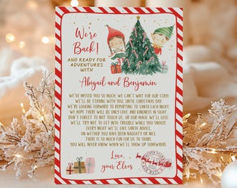 May include: A festive Christmas card with a red and white striped border. The card features elf illustrations, a Christmas tree, and gift boxes. Text includes "We're Back!" and a message to Abigail and Benjamin from their elves.