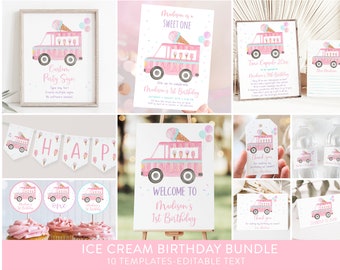 Puede incluir: Un conjunto de 10 plantillas de fiesta de cumpleaños de camión de helados imprimibles con texto editable. Las plantillas incluyen un cartel de bienvenida, una pancarta, adornos para cupcakes, etiquetas de regalo, etiquetas para botellas de agua y una invitación. El diseño presenta un camión de helados de acuarela rosa y azul con conos de helado y chispas.