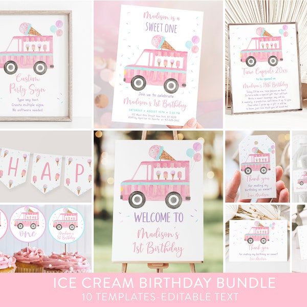 Editable Ice Cream Truck Birthday Invitation Bundle Sweet One Ice Cream First Birthday Girl Ice Cream Party Watercolor Digital Download A673