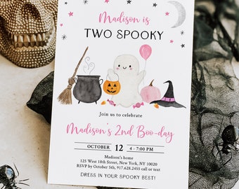 Invito di compleanno modificabile per due fantasmi spettrali Invito per il secondo compleanno di un fantasma Ragazza rosa Zucca Festa di Halloween Download digitale A702