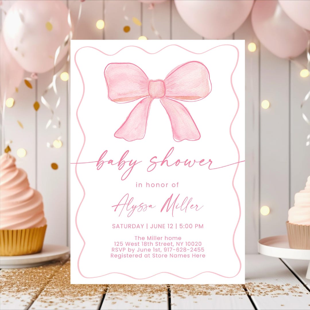 Editable Pink Bow Baby Shower Invitation Minimalist Watercolor Ribbon ...