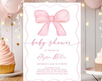 Editable Pink Bow Baby Shower Invitation Minimalist Watercolor Ribbon Baby Shower Invite Blush Pink Baby Girl Digital Download A742