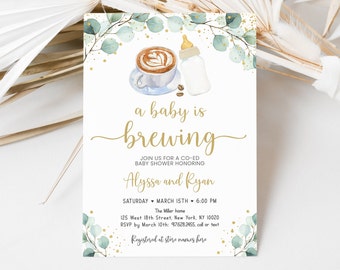 Editable Baby Is Brewing Invitation Coffee Baby Shower Invitation Greenery Gender Neutral Coed Baby Shower Printable Digital Corjl A601