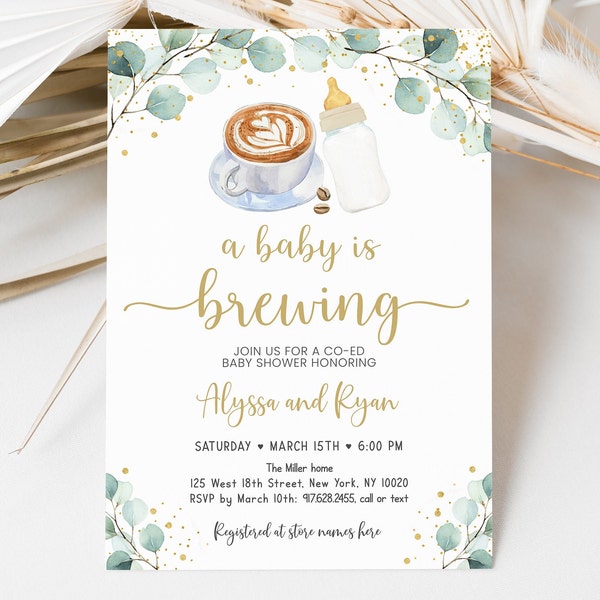 Editable Baby Is Brewing Invitation Coffee Baby Shower Invitation Greenery Gender Neutral Coed Baby Shower Printable Digital Corjl A601