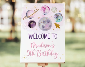 Editable Space Birthday Welcome Sign Pink Gold Galaxy Planets Girls Outer Space Party Moon Solar System Printable Digital Download A631