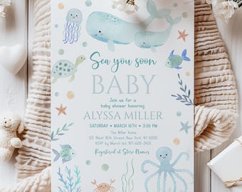 Sea You Soon Baby Shower Invitation, Blue Boy Pastel Under the Sea, Editable, Digital A725