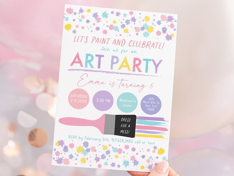 May include: A colorful invitation for an art party. The invitation features a paintbrush with colorful paint splatters and the text "Let's Paint and Celebrate! Join us for an Art Party. Emma is turning 6." The invitation also includes details about the party, such as the date, time, location, and RSVP information.